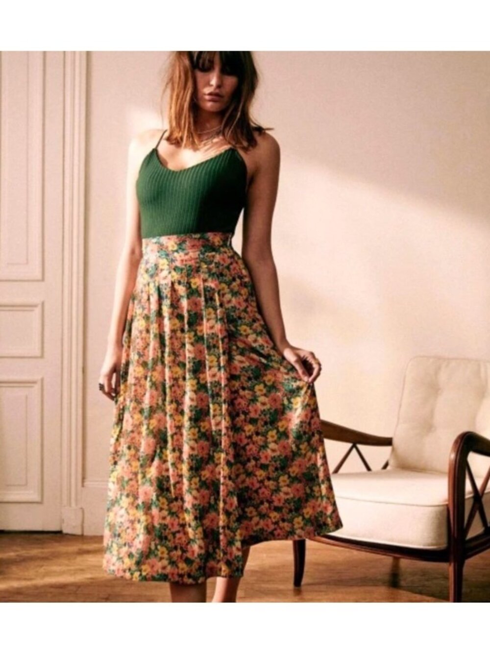 NWT Sézane Alicia Skirt Jardin Pastel Floral Print FR 46 /US 14 High Waist